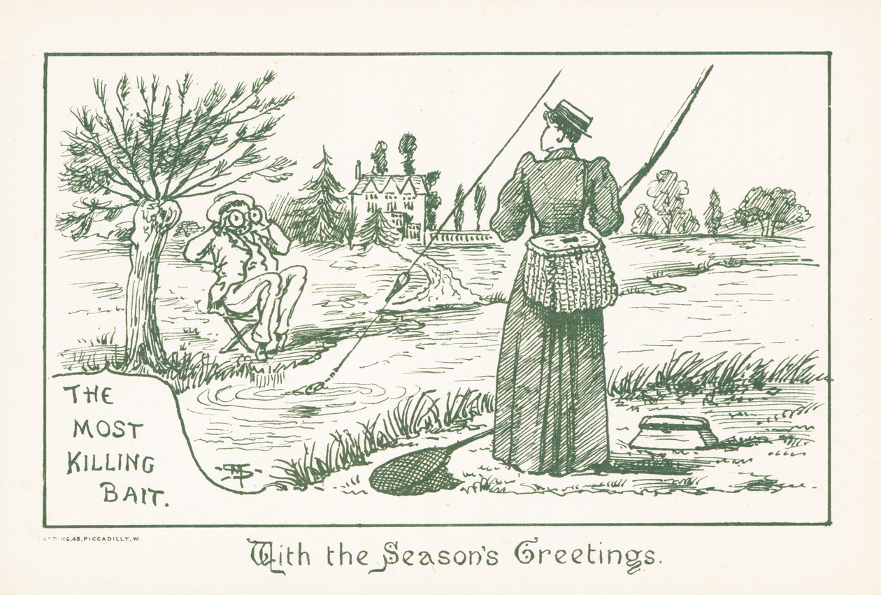 Damefiske observert av gentleman, julekort (chromolitho) av English School