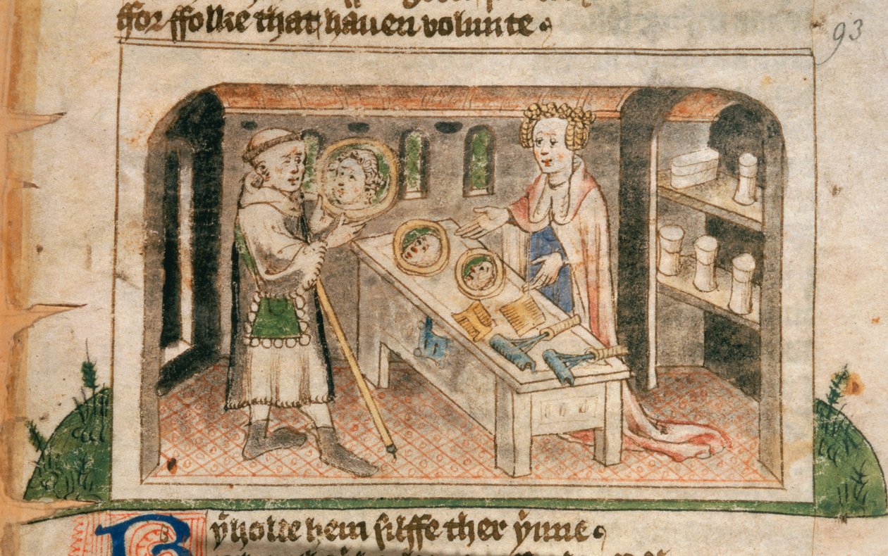 Lady Hagiography viser en pilegrim hennes utstilling av salver og toalettartikler, illustrasjon fra den engelske oversettelsen av 