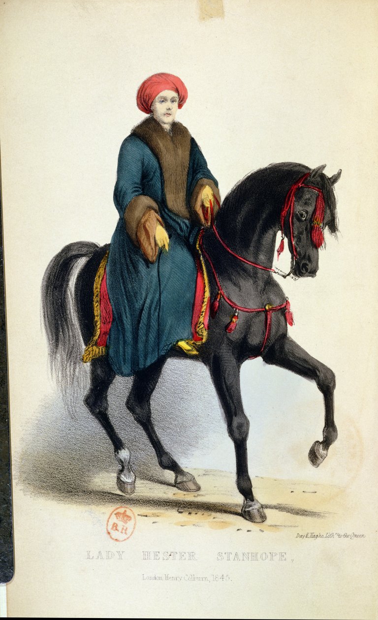 Lady Hester Lucy Stanhope (1776-1839) i arabisk kjole, illustrasjon fra hennes memoarer, London, 1845 (fargegravering) av English School