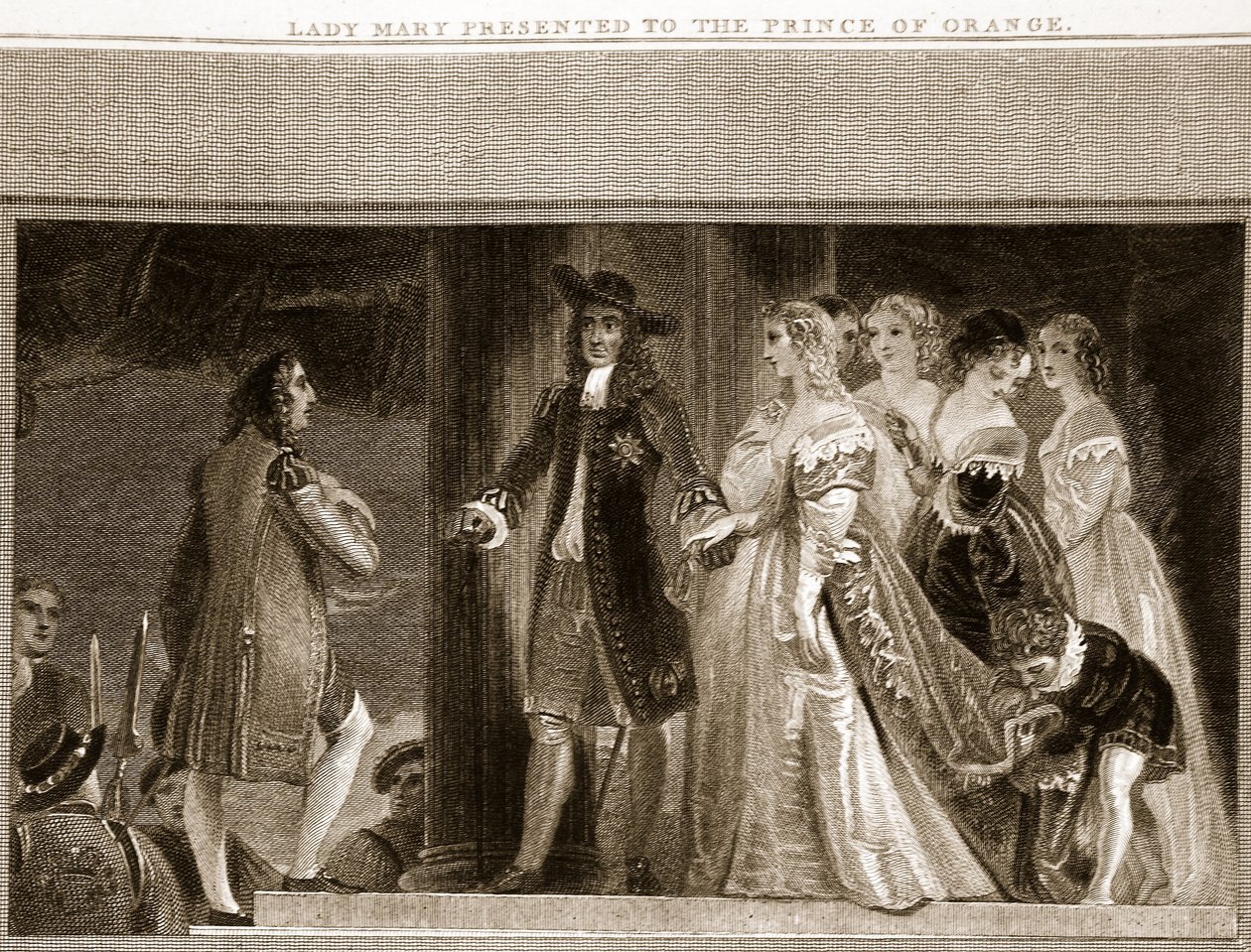 Lady Mary presenterte til Prince of Orange, illustrasjon fra David Humes The History of England, pub. av R. Bowyer, London, 1812 av English School
