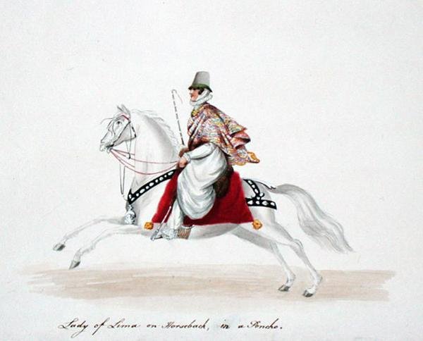 Lady of Lima til hest i en poncho av English School