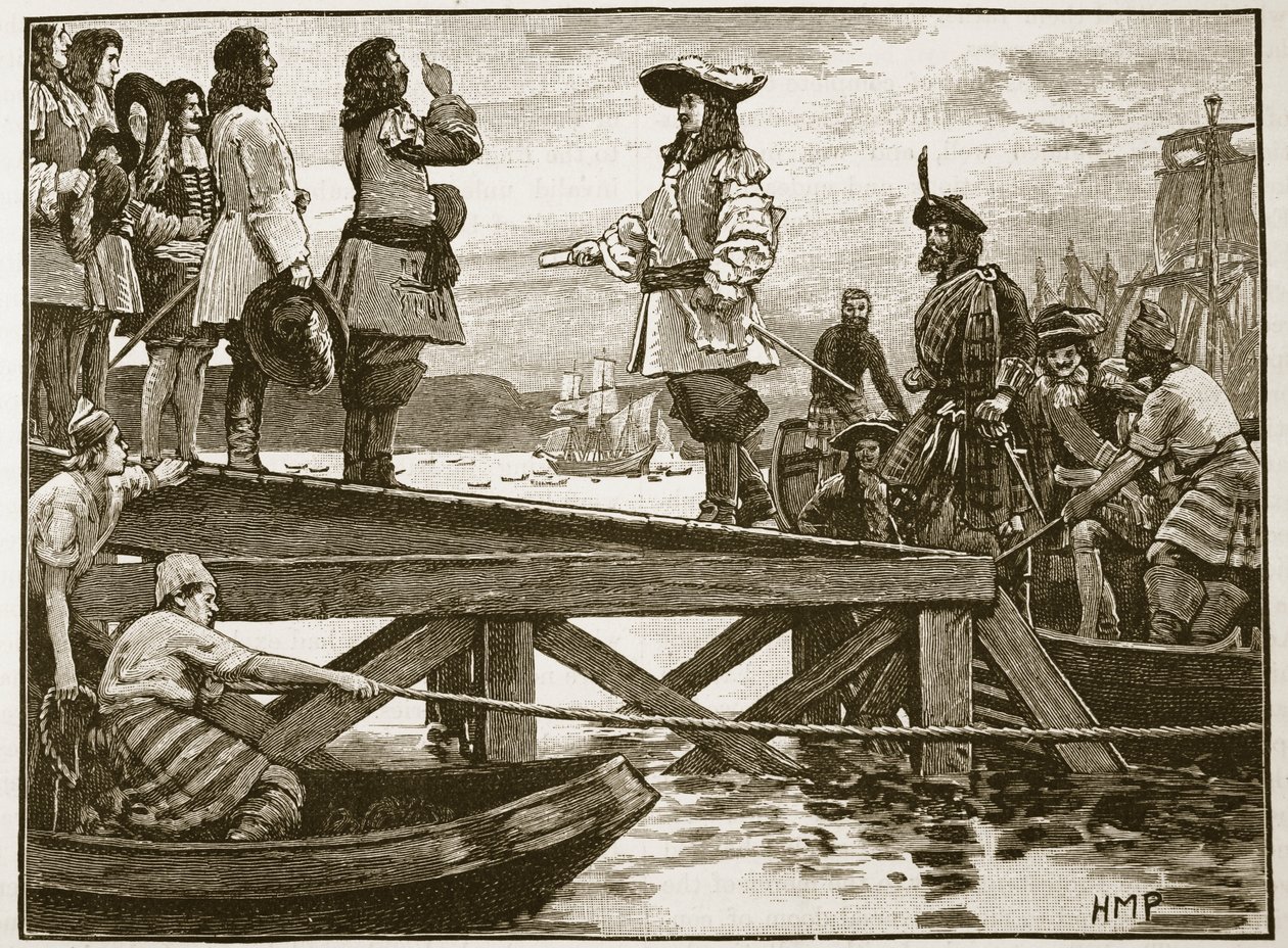 Landing av Marshall Schomberg ved Carrickfergus, illustrasjon fra Cassells Illustrated History of England (sepiafoto) av English School
