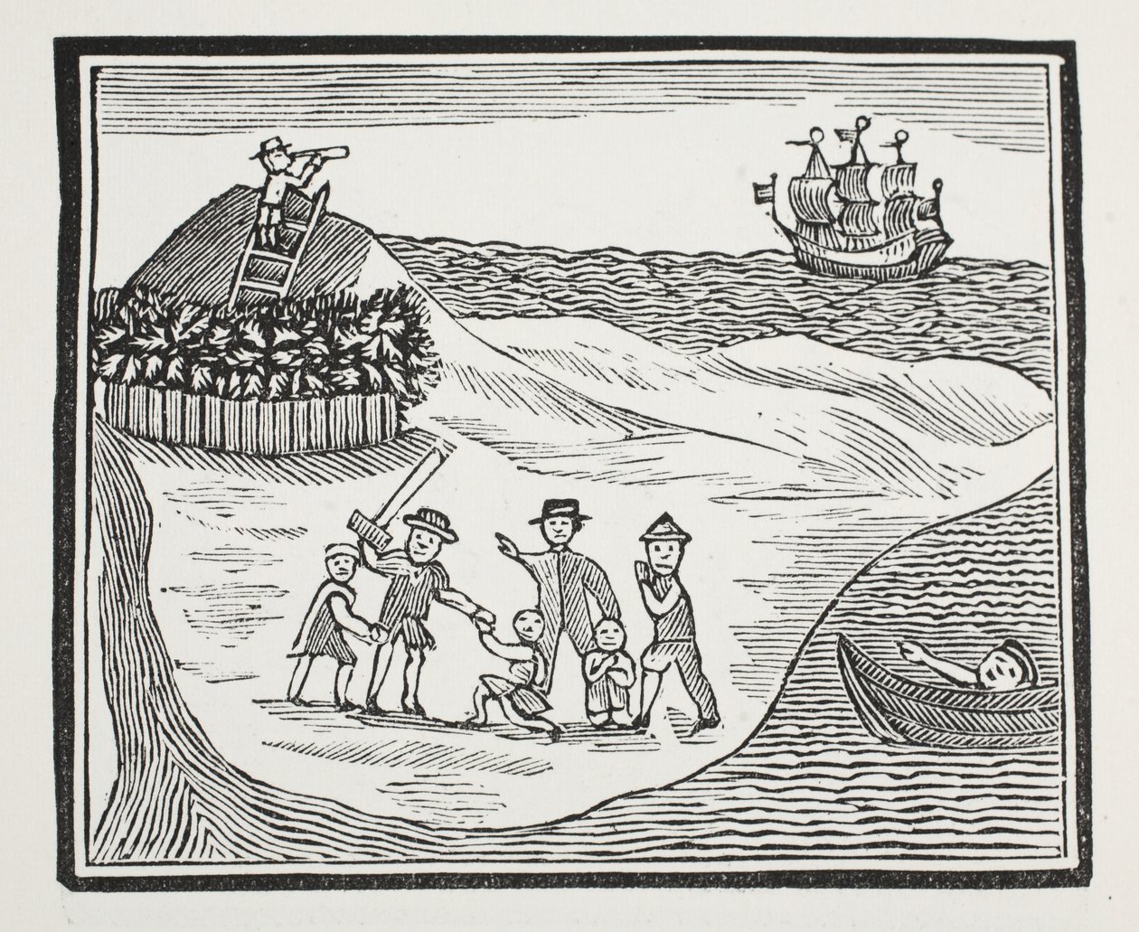 Landing of Mutinous Crew on Island, illustrasjon fra Chap-books of the Eighteenth Century av John Ashton, pub. 1882 av English School
