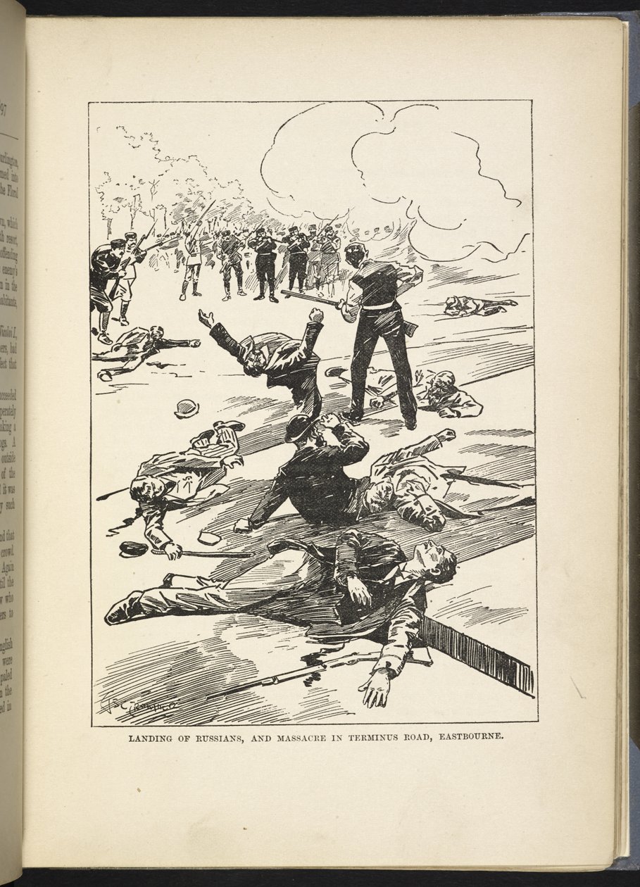 «Landgang av russere og massakre i Terminus Road, Eastbourne», illustrasjon fra «Den store krigen i England i 1897» av William Le Queux av English School