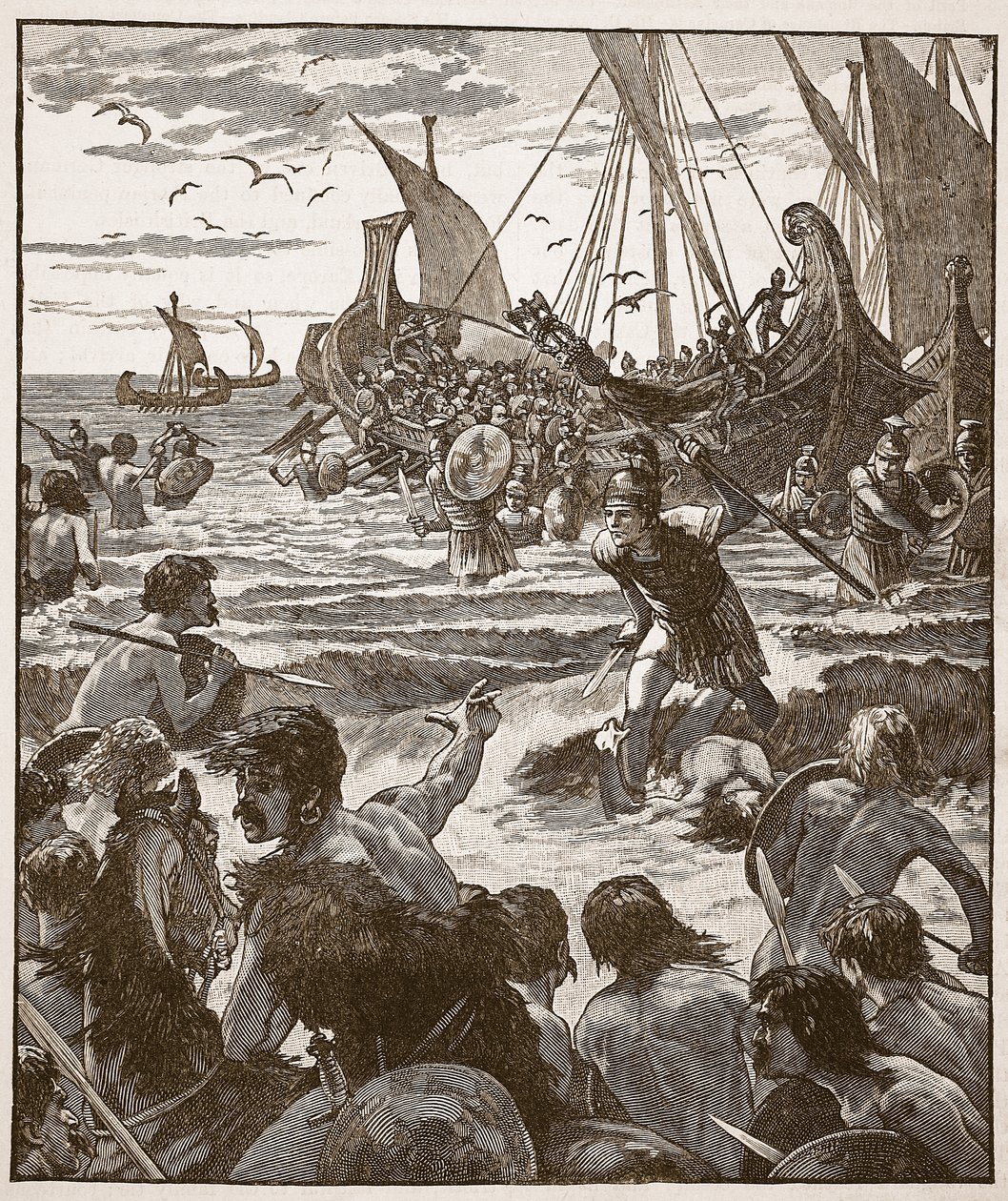 Landing av romerne på kysten av Kent, illustrasjon fra Cassells Illustrated History of England (sepia-bilde) av English School