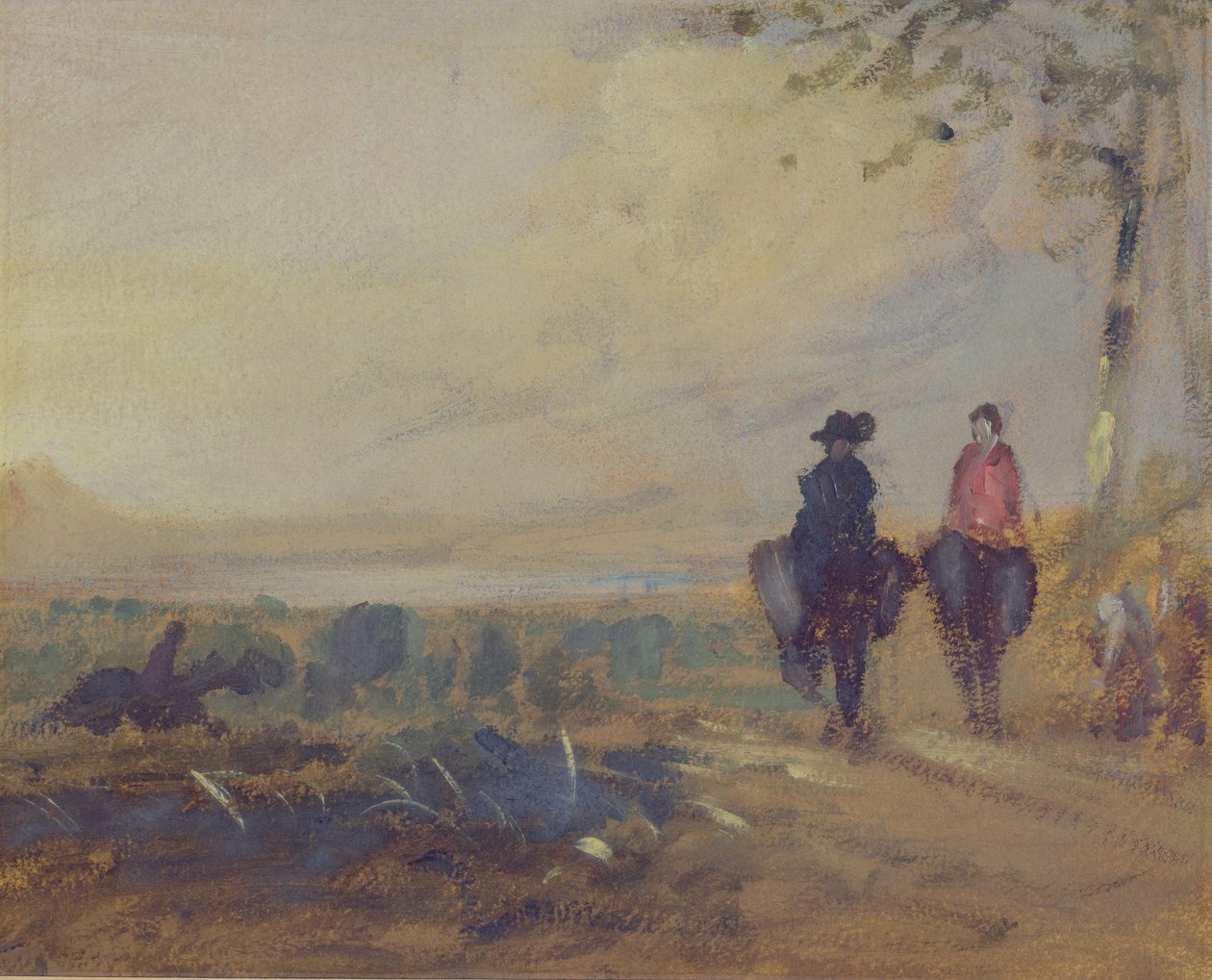 Landskap med innsjø og to figurer som rider, tidligere tilskrevet J.M.W. Turner (1775-1851) og også tilskrevet Peter de Wint (1784-1849), 1815-25 (olje på papir) av English School