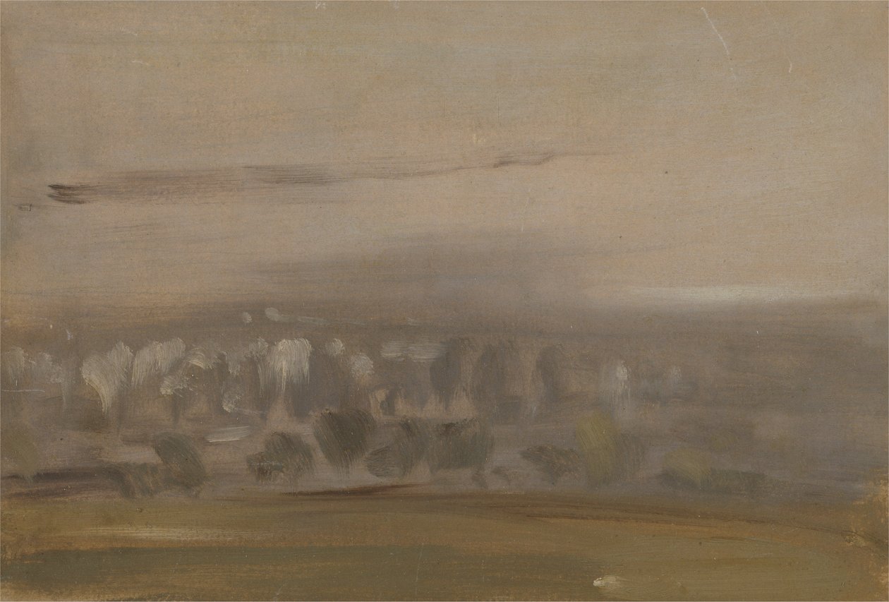Landskap med trær på en skråning (Wooded Valley, sett gjennom Mist) tidligere tilskrevet JMW Turner (1775-1851) og også tilskrevet Peter de Wint (1784-1849) (olje på papir) av English School