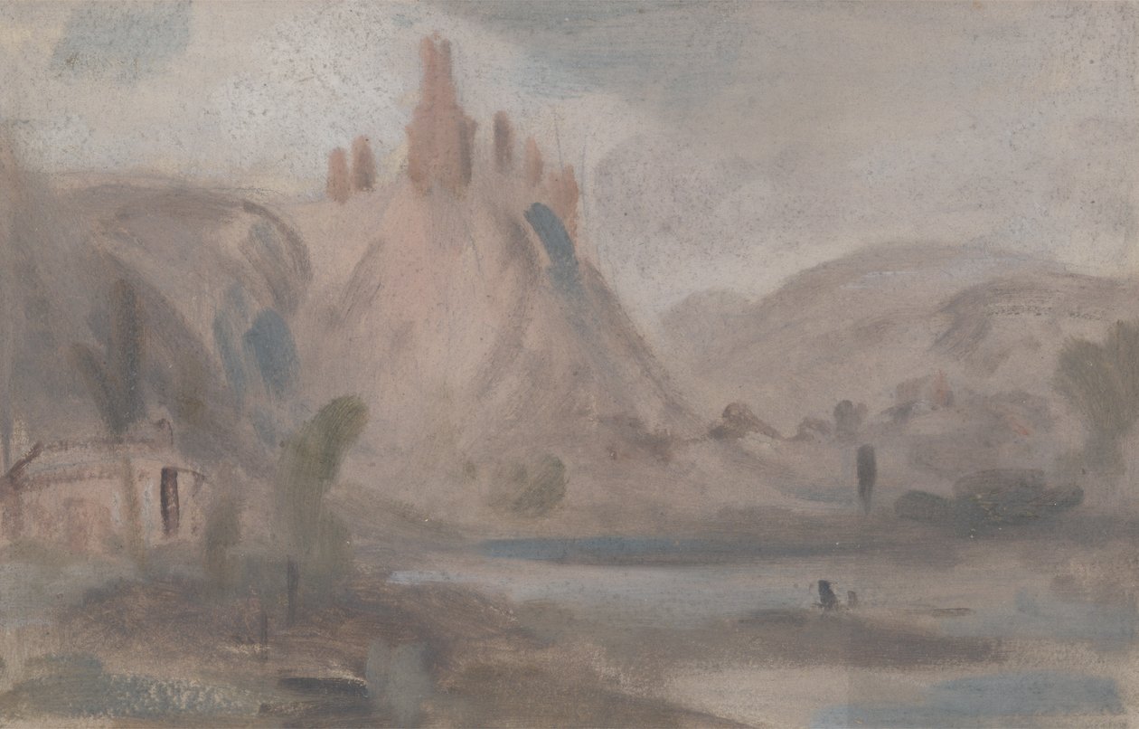 Landskap med et slott på en høyde, tidligere tilskrevet JMW Turner (1775-1851) og også tilskrevet Peter de Wint (1784-1849) (olje på papir) av English School