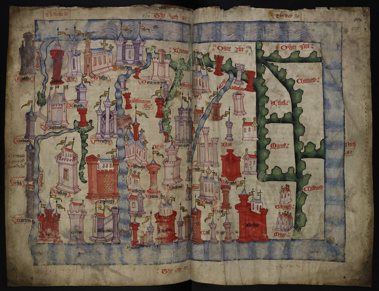 Lansdowne 204 ff.225v & 226 Kart over Skottland av John Harding, ca. 1450 (blekk og tempera på pergament) av English School