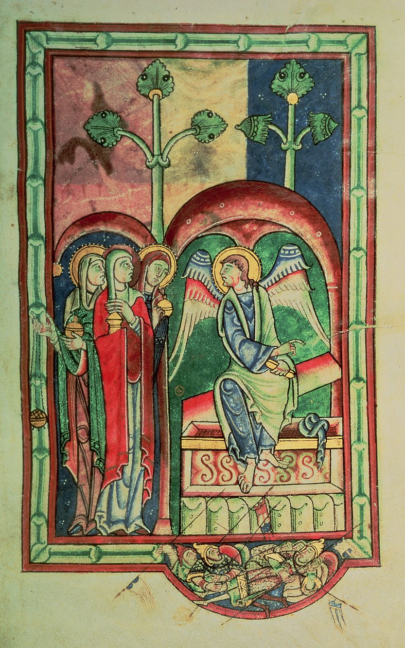 Lansdowne 383 f.13 The Women at the sepulchre, fra Shaftesbury Psalter, West Country, ca. 1130-40 (vellum) av English School