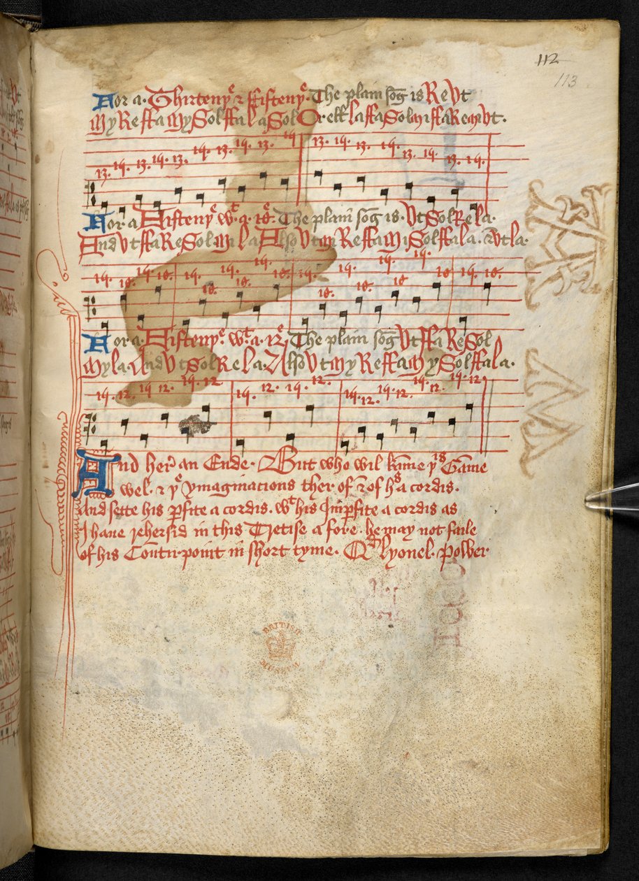 Lansdowne 763, f.113r, Et bind ganske skrevet på vellum på 1400-tallet, og inneholder eldgamle og meget interessante avhandlinger om musikk av forskjellige forfattere. av English School