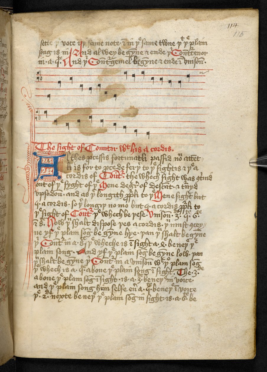 Lansdowne 763, f.115r, Et bind ganske skrevet på vellum i det femtende århundre, og inneholder eldgamle og meget interessante avhandlinger om musikk av forskjellige forfattere. av English School
