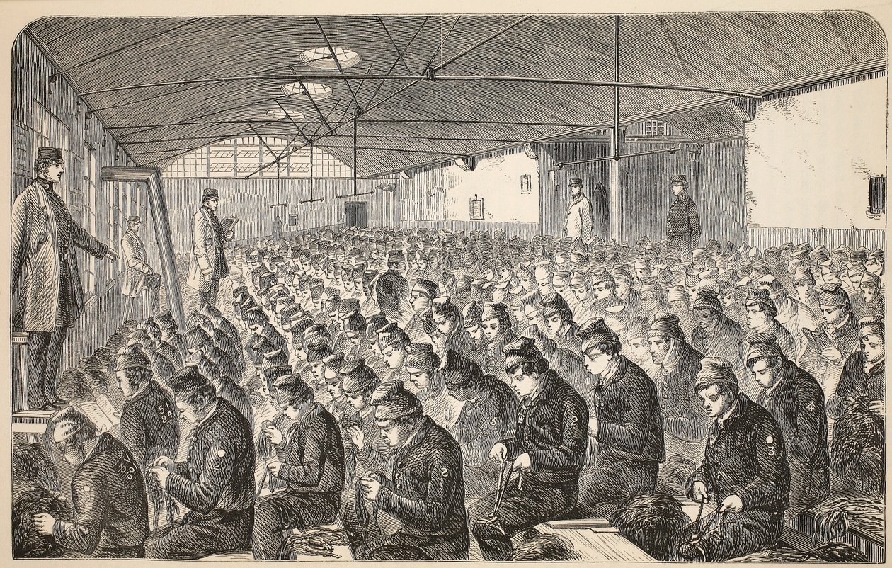 Stort Oakum-rom (under Silent System) ved Middlesex House of Correction, Coldbath Fields, illustrasjon fra The Criminal Prisons of London og Scenes from Prison Life av Henry Mayhew og John av English School