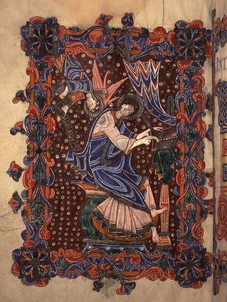 Lat 14782 f.16v St. Matteus skriver sitt evangelium, c.1080 (vellum) av English School