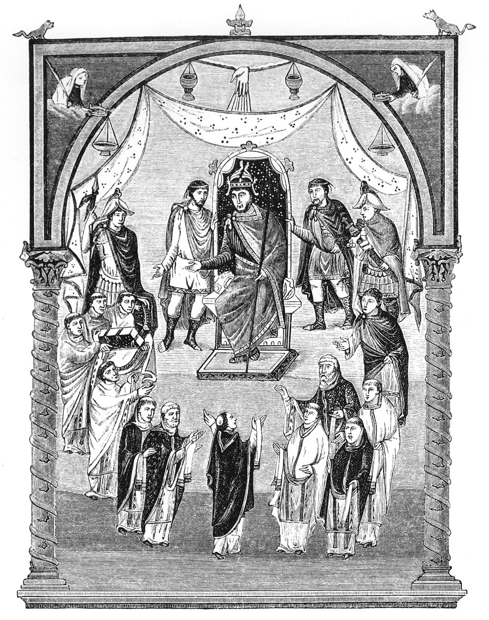 Lat 1 f.423r Charles the Bald, King of France (823-77) tronende, på oppdrag av abbed Vivian fra klosteret St. Martin i Tours, fra den første bibelen til Charles the Bald, 843-51, illustrasjon av English School