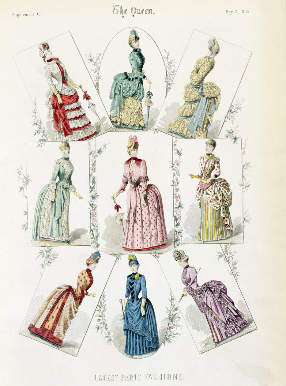 Siste Paris-moter, ni dagers kjoler i en moteplate fra et supplement til The Queen, mai 1885 av English School