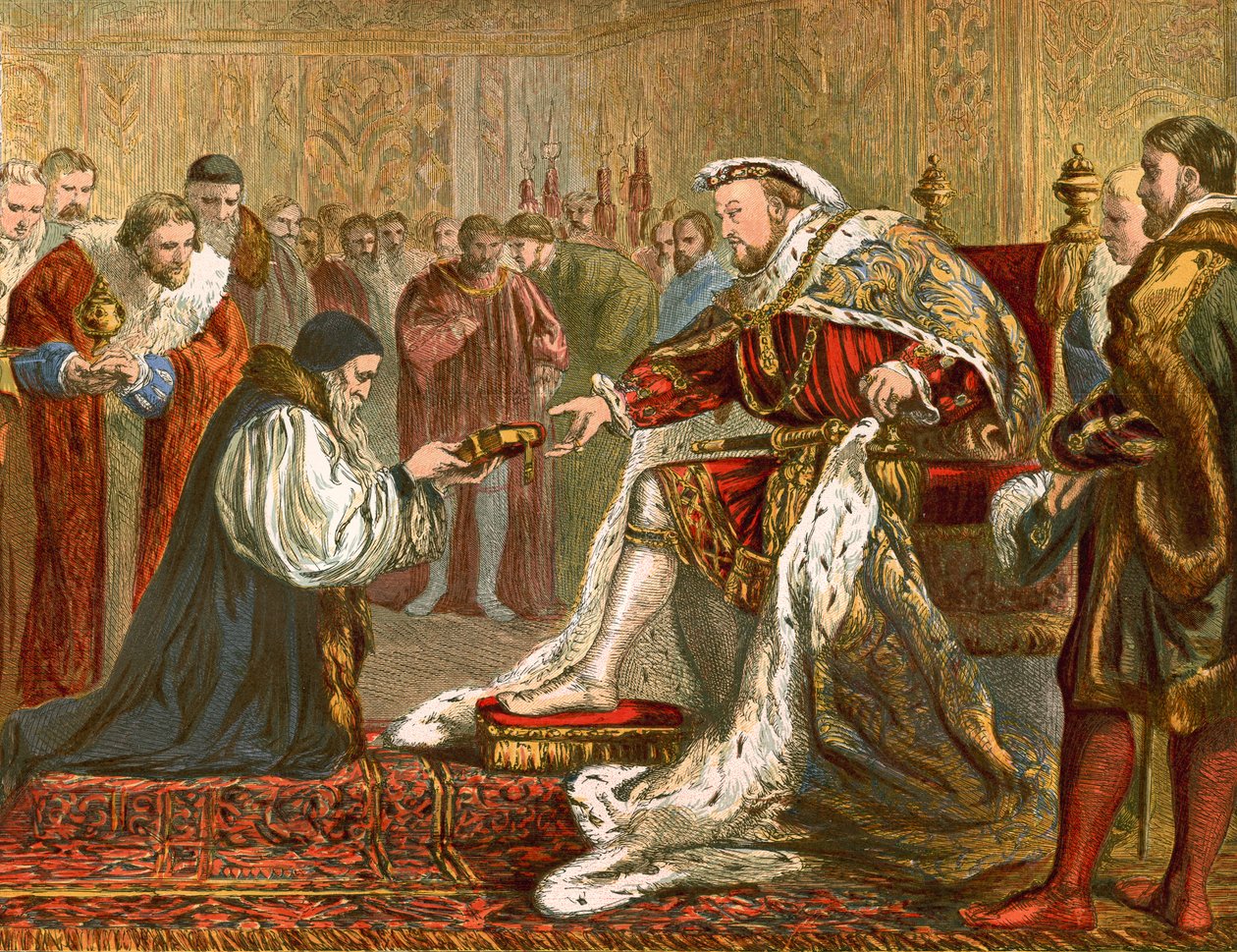 Latimer presenterer Bibelen for Henrik VIII (farget gravering) av English School