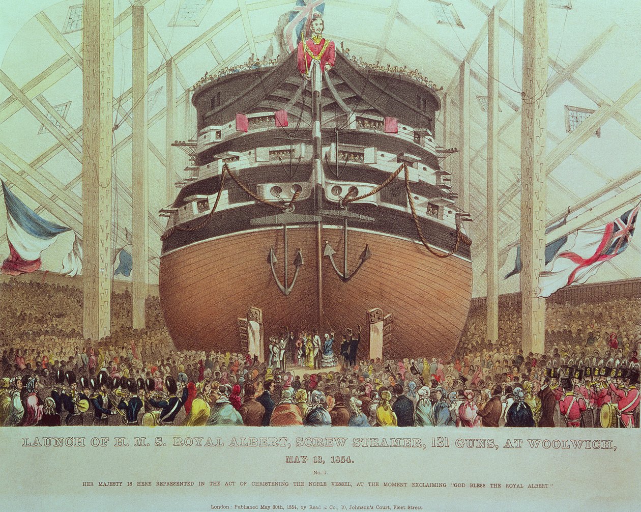 Lansering av H.M.S. Royal Albert, Screw Steamer, 131 Guns, i Woolwich, 13. mai 1854 av English School