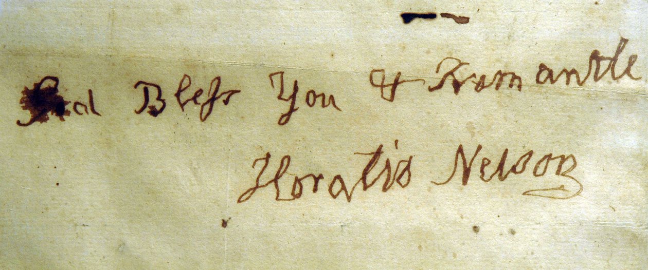 Venstrehåndsskrift av admiral Lord Nelson (penn og blekk på papir) av English School