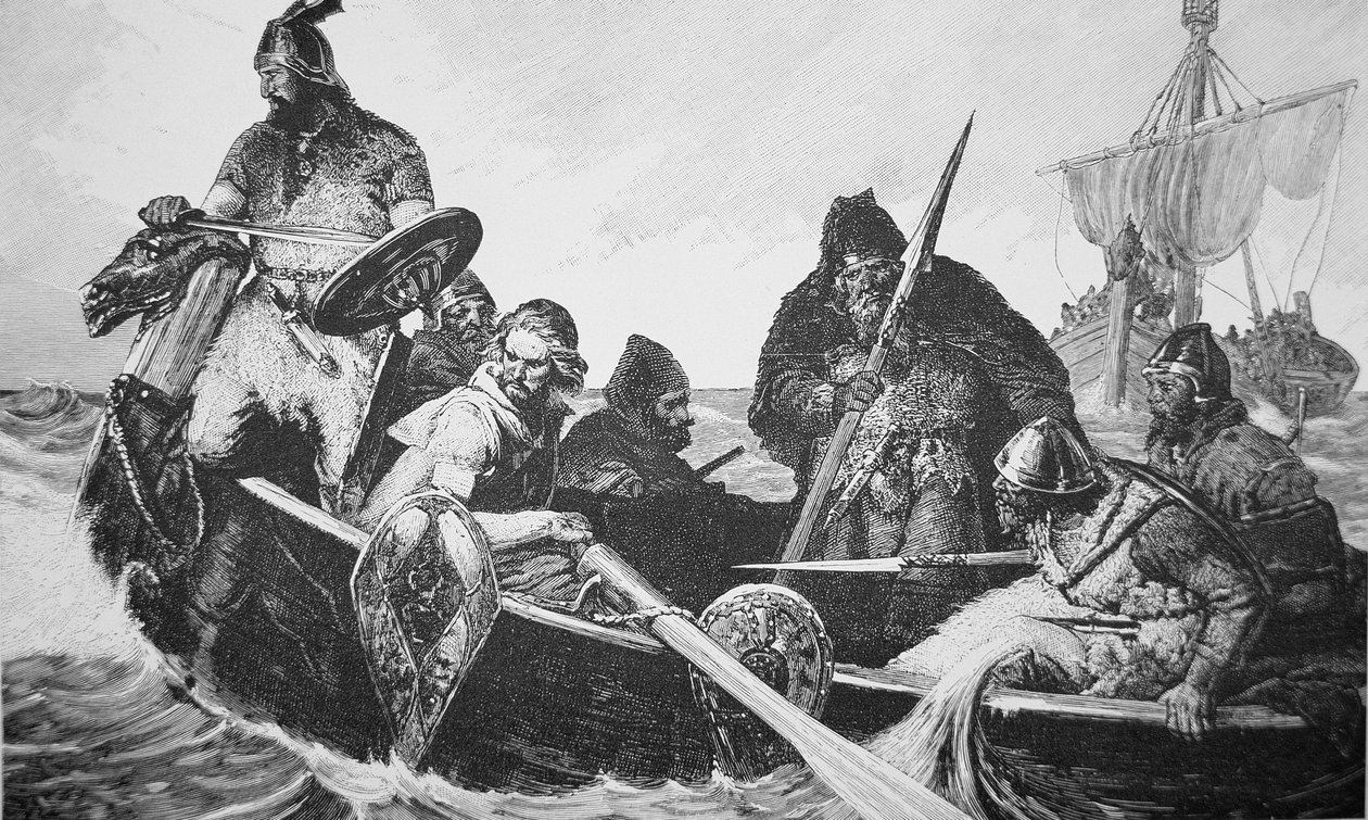 Leif Ericson oppdager bredden av Vinland den gode, sannsynligvis Newfoundland (gravering) av English School