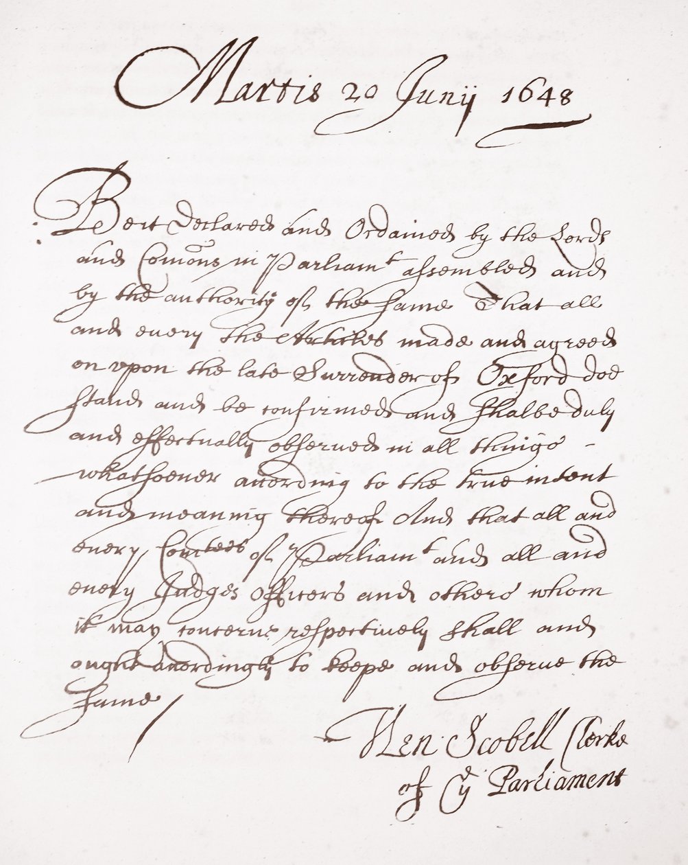 Brev av Henry Scobell, 20. juni 1648 av English School