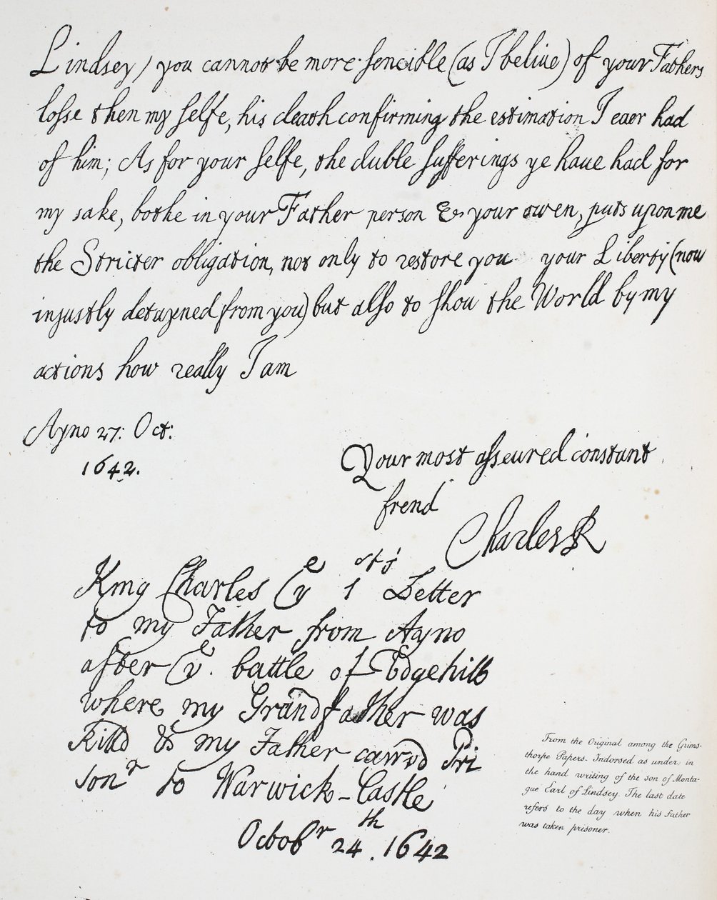 Brev fra Charles II til Montague, jarl av Lindsey, 27. oktober 1642 av English School