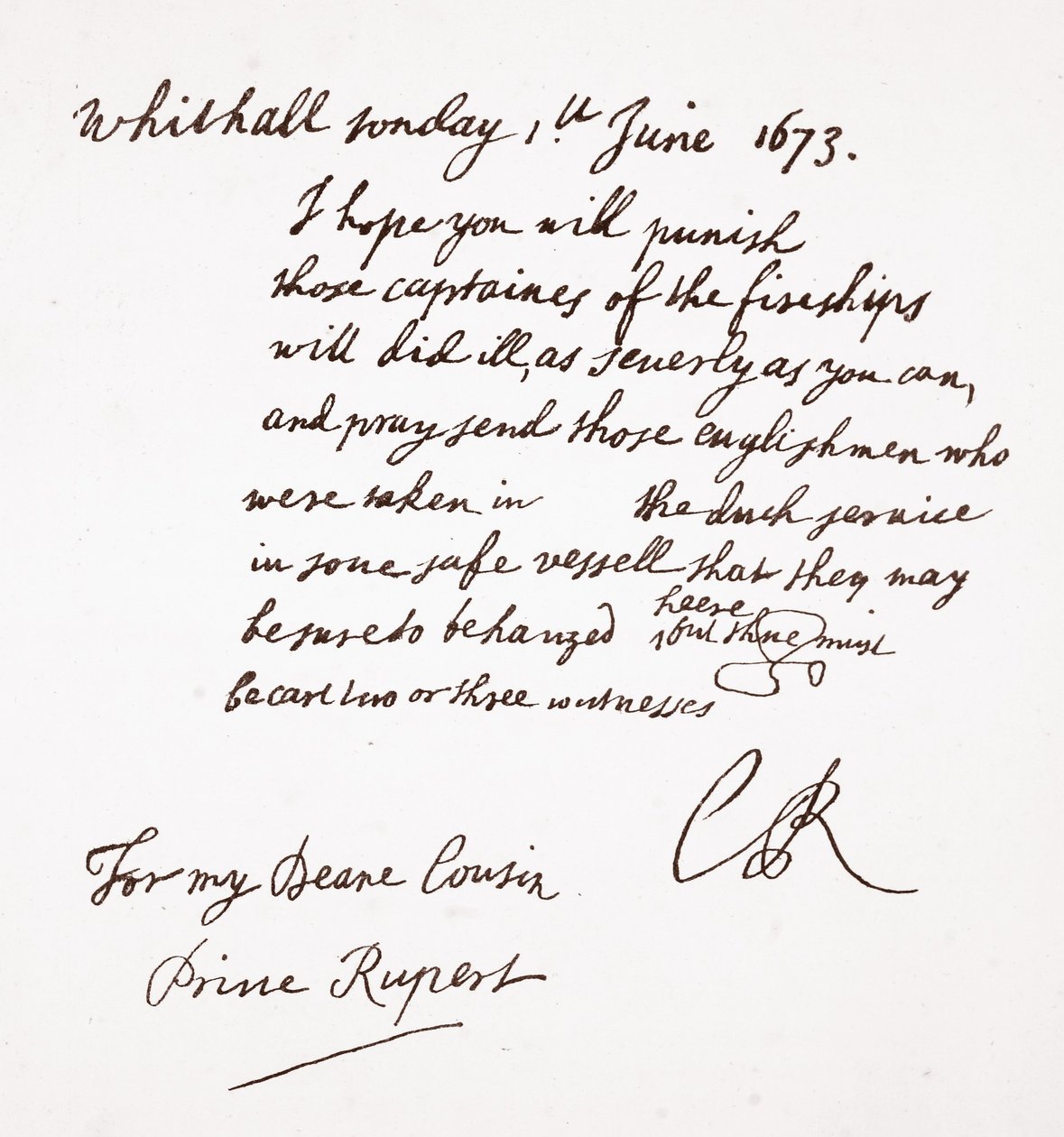 Brev fra Charles II til prins Rupert, 1. juni 1673 av English School