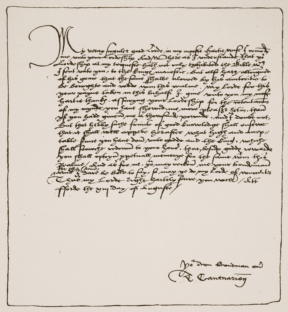 Brev fra Cranmer til Cromwell der han takker ham for å ha fått Kings autoritet for Matthews English Bible, 1537, fra The Church of England: A History for the People av H.D.M. Spence-Jones, pub. ca. 191 av English School
