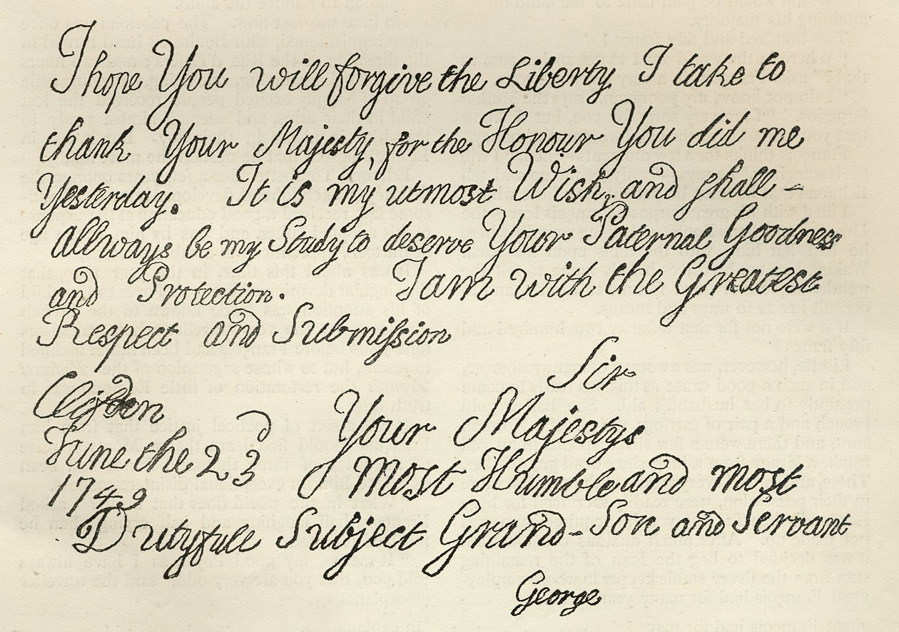 Brev fra George III til sin bestefar kongen, 23. juni 1749, publisert i 