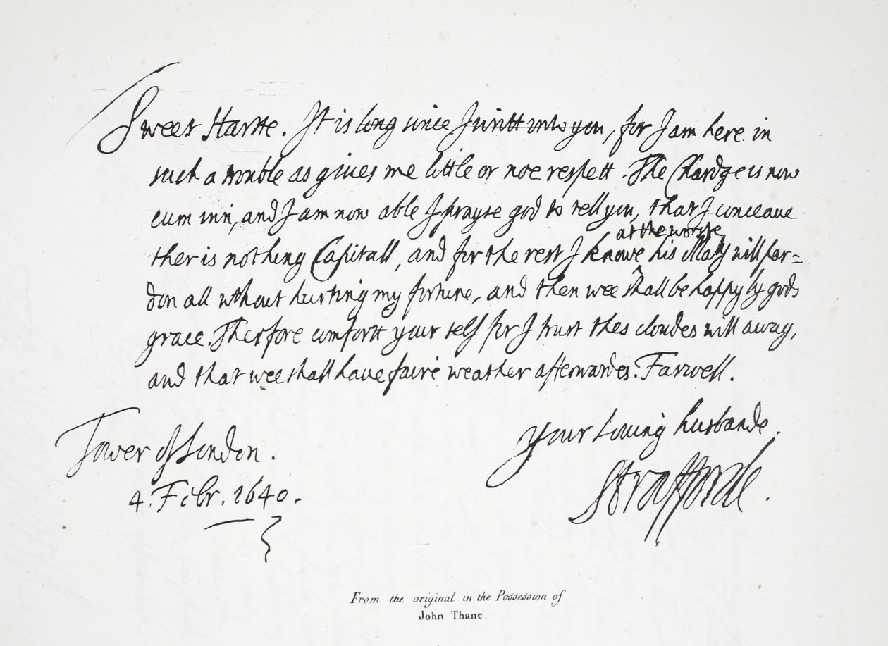 Brev fra Lord Strafford til sin kone, fra Tower of London, 4. februar 1640 av English School