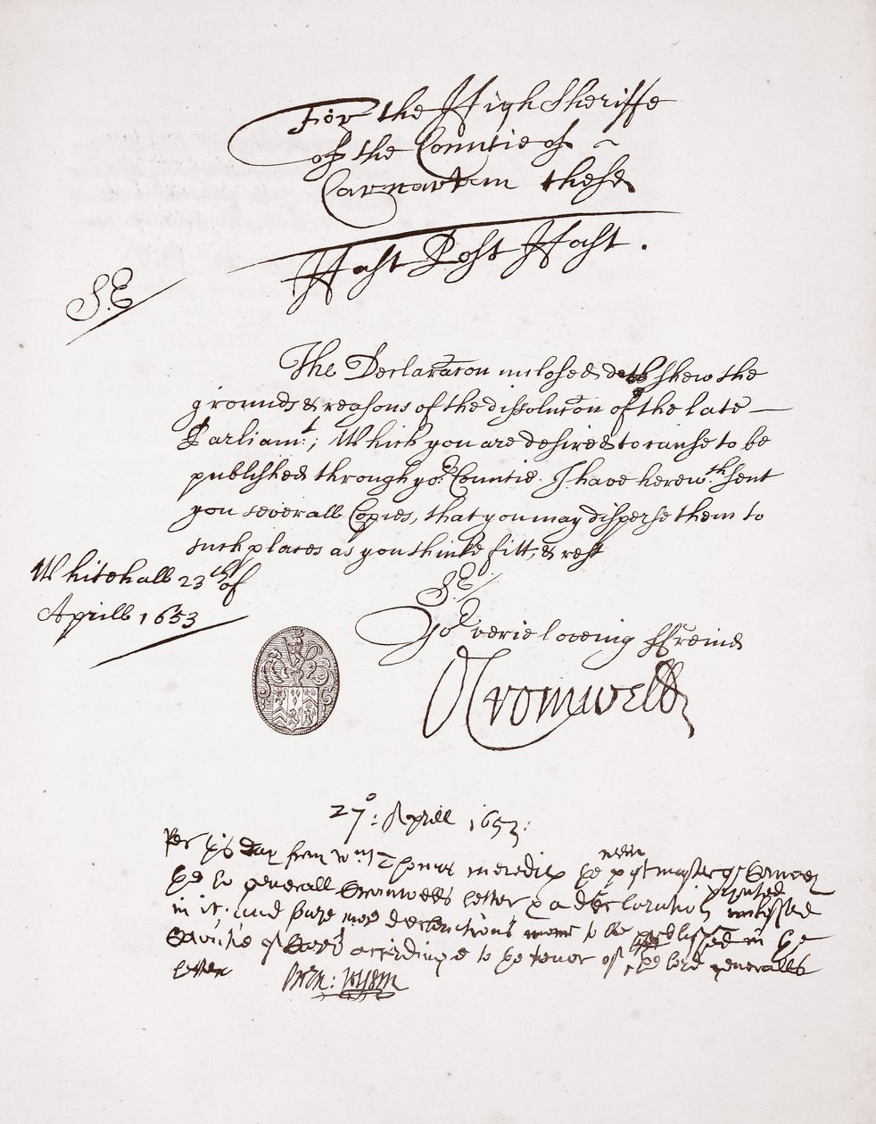 Brev fra Oliver Cromwell, april 1653 av English School