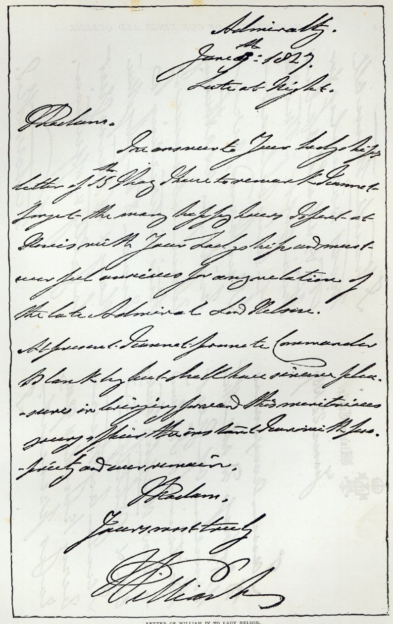 Brev fra William IV til Lady Nelson, 1827, publisert i 