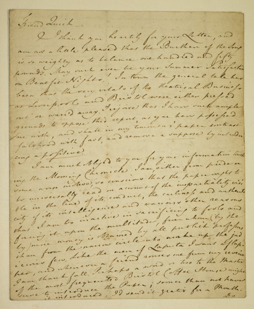Brev fra William Woodfall (1746-1803) til skuespilleren John Quick (1748-1831) angående John Hendersons gunstige anmeldelser på Haymarket av English School