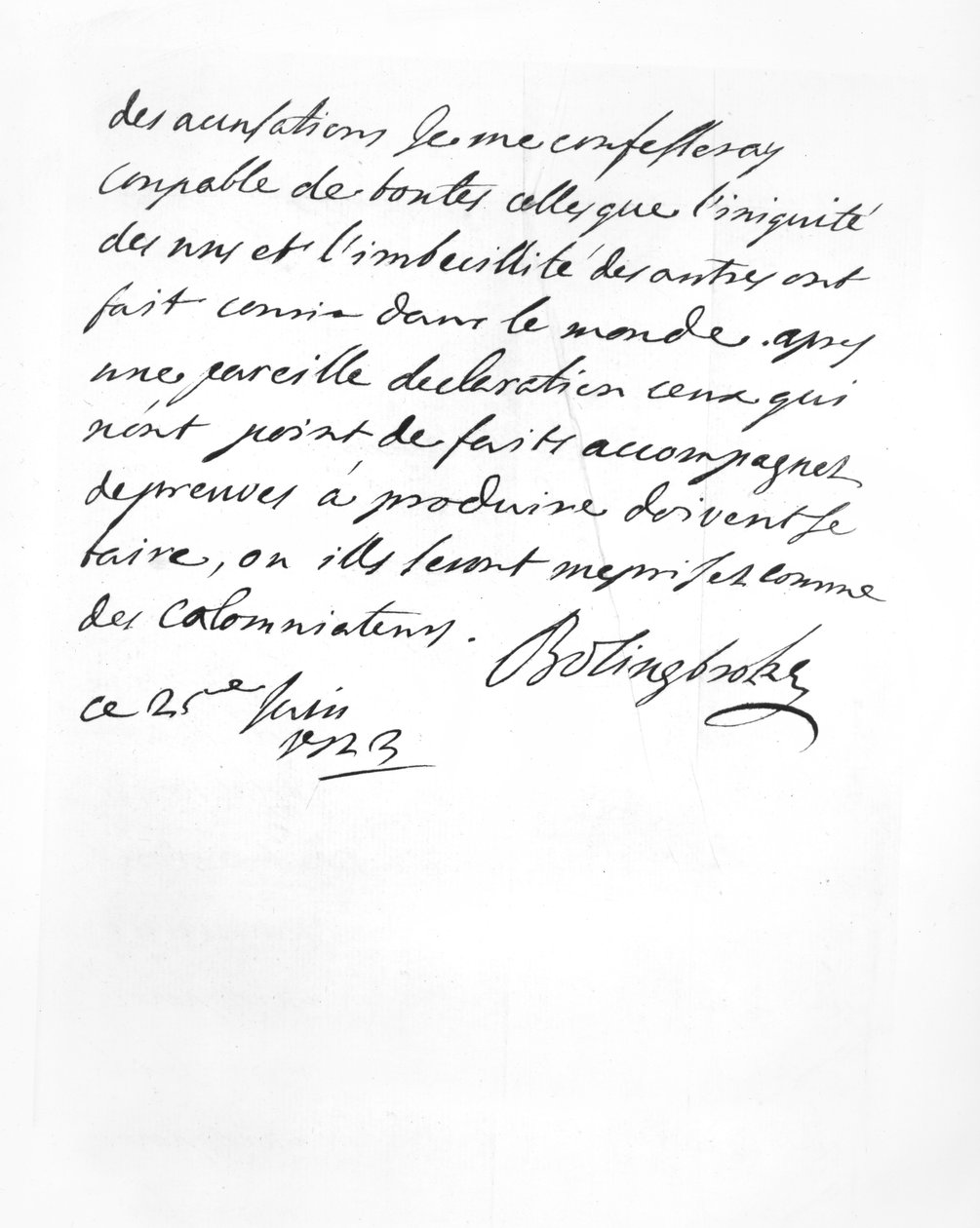 Brev sendt av Lord Bolingbroke til Abbé Alari (litho) av English School