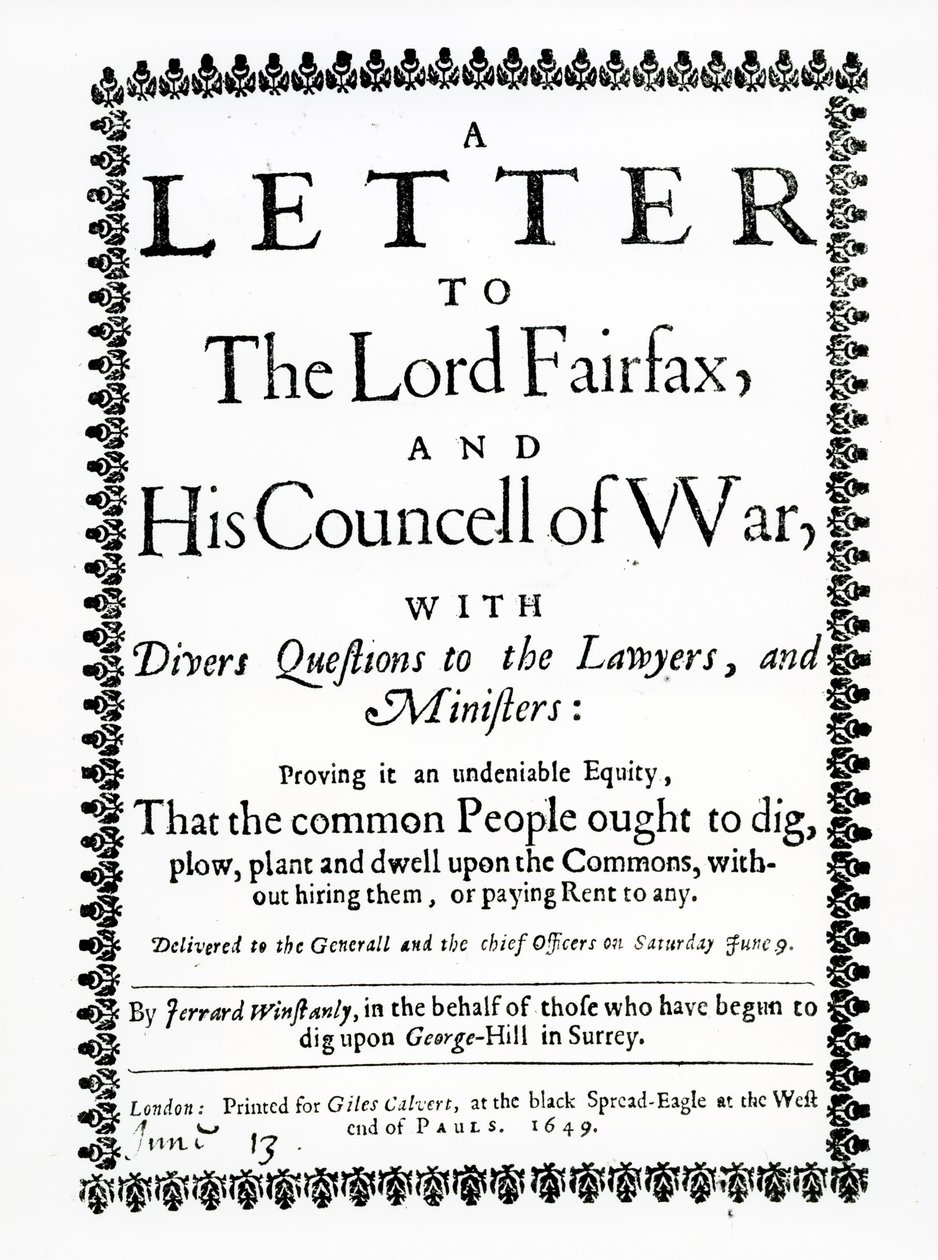 Brev til Lord Fairfax fra Gerrard Winstanley (ca. 1609-60) på vegne av Diggers ved St. George Hill, Surrey, trykt 1649 av English School