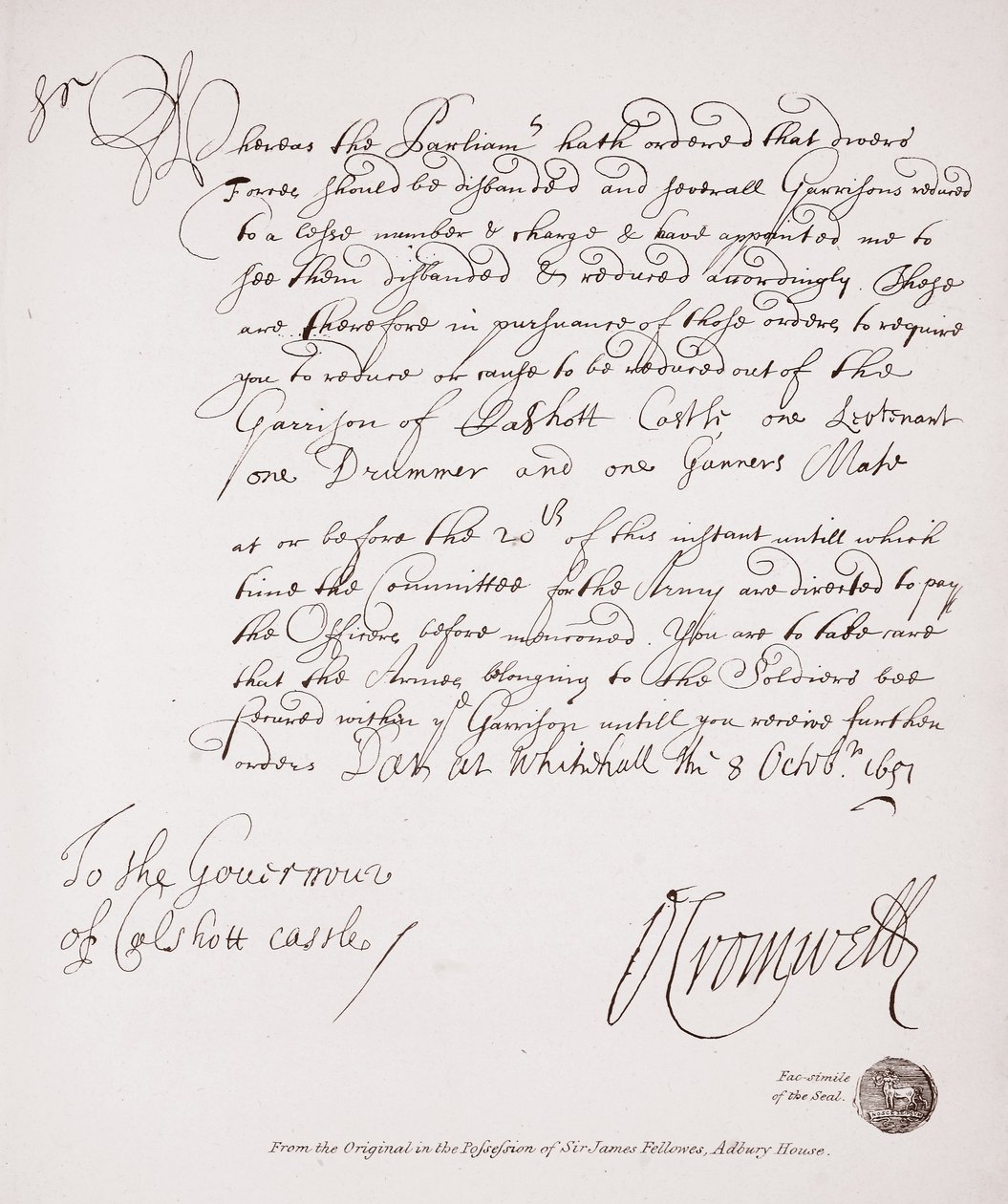 Brev til guvernøren i Calshott Castle fra Oliver Cromwell, 1651, faksimile fra originalen i besittelse av Sir James Fellowes, Adbury House av English School