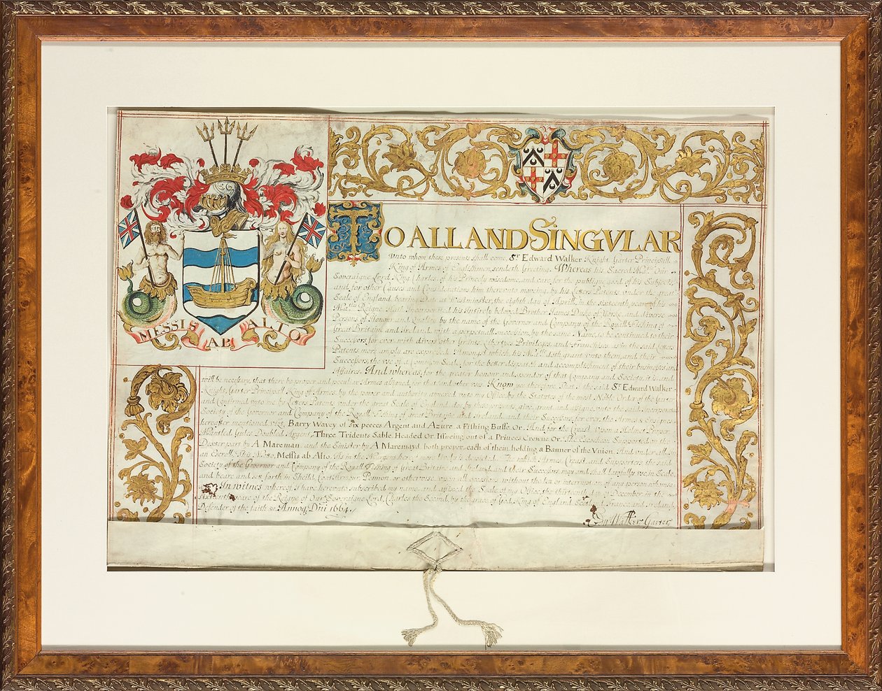 Letters patent utstedt av Sir Edward Walker, Garter King of Arms, 13. desember 1664 av English School