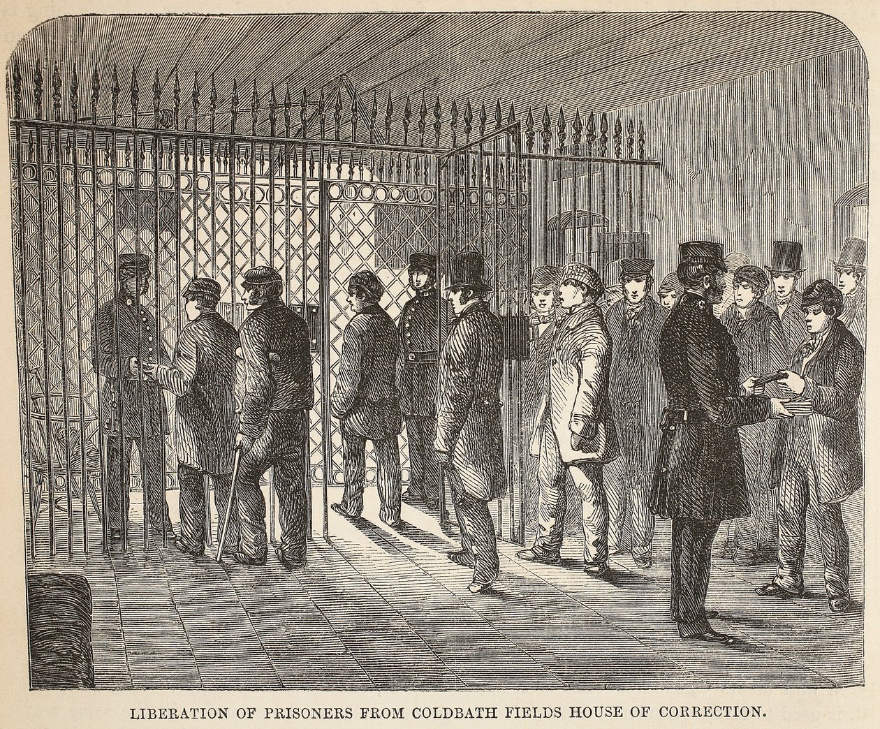 Frigjøring av fanger fra Coldbath Fields House of Correction, illustrasjon fra The Criminal Prisons of London og Scenes from Prison Life av Henry Mayhew og John Binny, pub. 1862 av English School