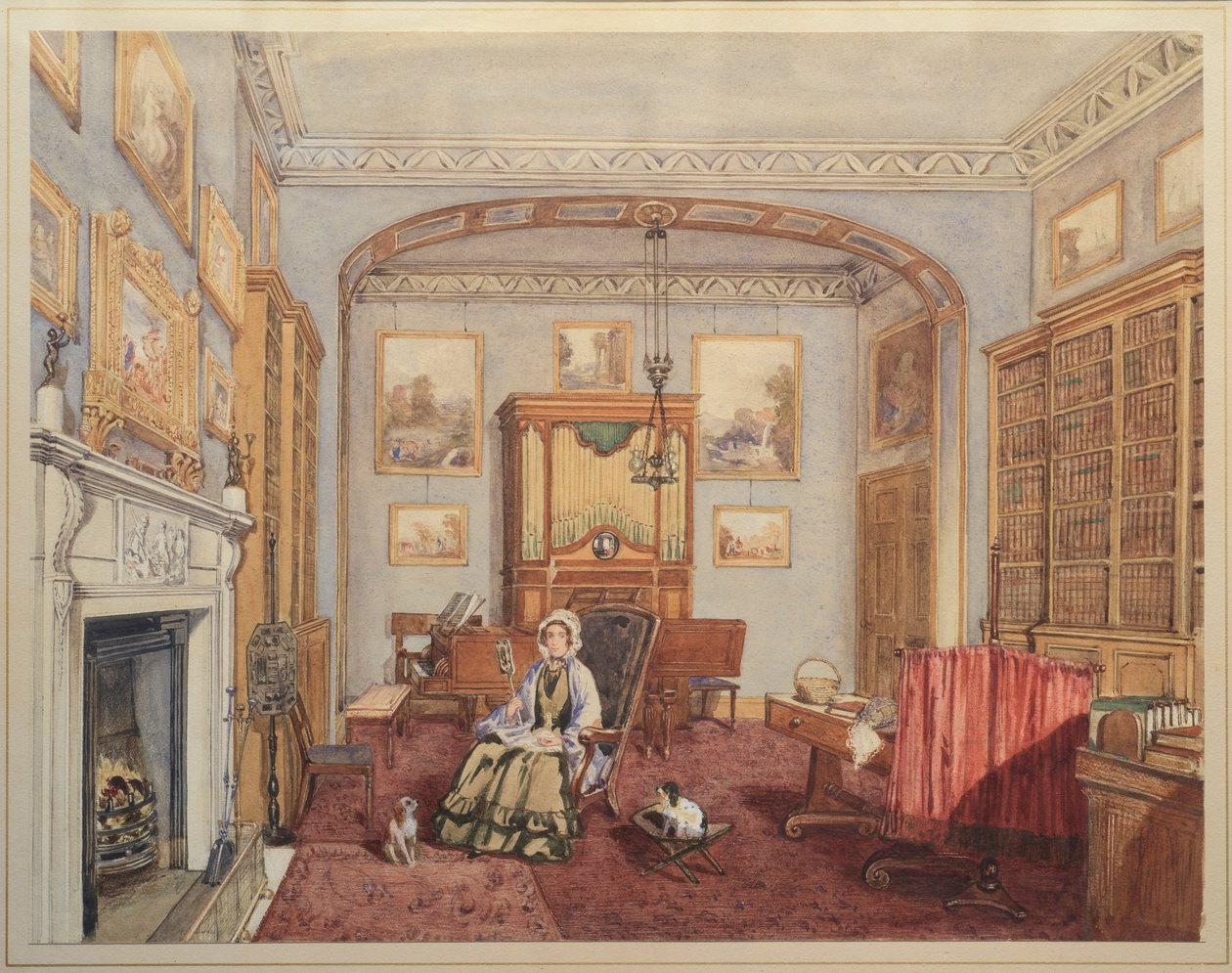 Bibliotek - musikkrom med Northwick Bacchus og Ariadne etter Titian, ca. 1830 av English School
