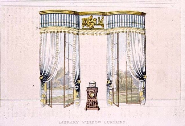Bibliotekvindusgardiner, plate 106 fra Ackermanns Repository of Arts, utgitt 1819 (farge litho) av English School