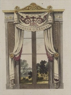 Bibliotekvindusgardiner, plate 70 fra Ackermanns Repository of Arts, utgitt 1815 (farge litho) av English School