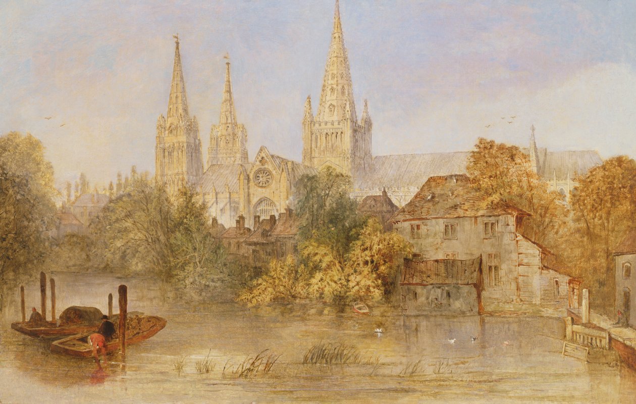 Lichfield Cathedral fra Stowe Pool, ca. 1850 av English School