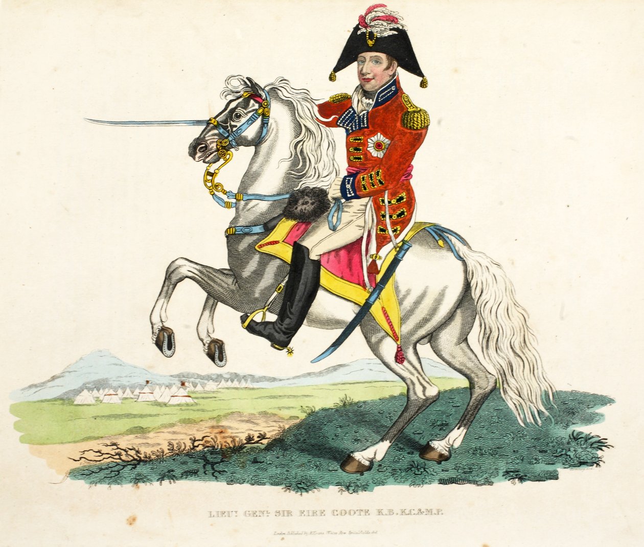 Generalløytnant Sir Eire Coote KB, KC og MP, pub. av Richard Evans, engr Romney, illustrasjon fra An Historical Account of the Battle of Waterloo av William Mudford, 1816 av English School