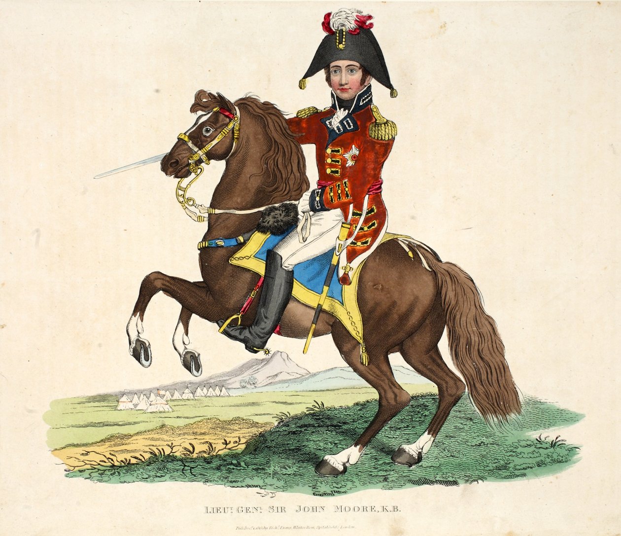 Generalløytnant Sir John Moore KB, pub av Richard Evans, gravert av Romney, illustrasjon fra An Historical Account of the Battle of Waterloo av William Mudford, 1816 av English School