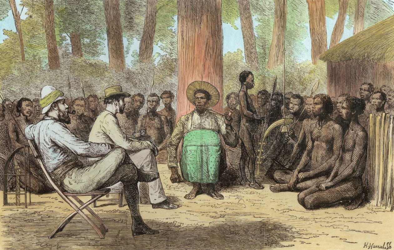 Løytnant Verney Lovett Camerons (1844-94) Mottakelse av Katende, gravert av Horace Harral (senere fargelegging) av English School