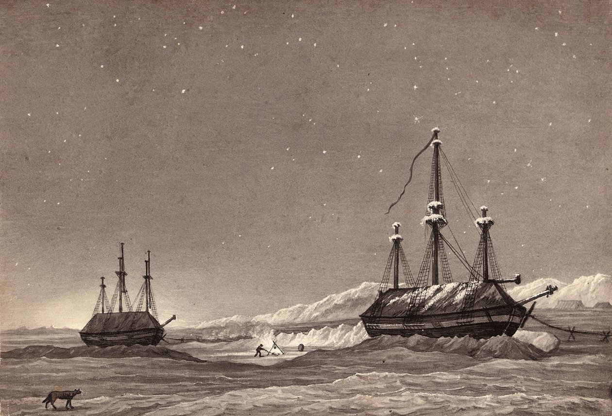 Løytnant William Parrys første reise: H.M.S. Hecla og H.M.S. Griper i Winter Harbour, ca. 1819 (penn og blekk og vask på papir) av English School