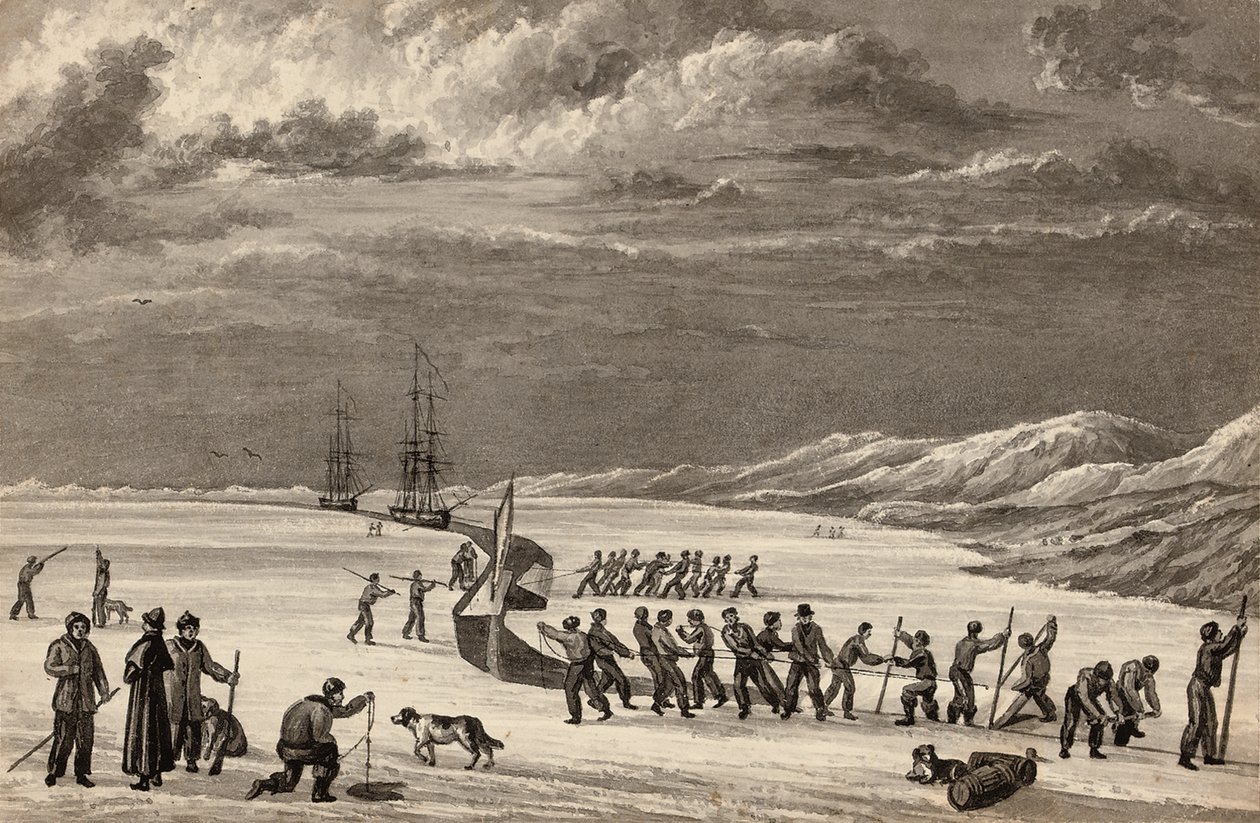 Løytnant William Parrys første reise: Mannskapene til H.M.S. Hecla og H.M.S. Griper skjærer inn i Winter Harbour, ca. 1819 av English School