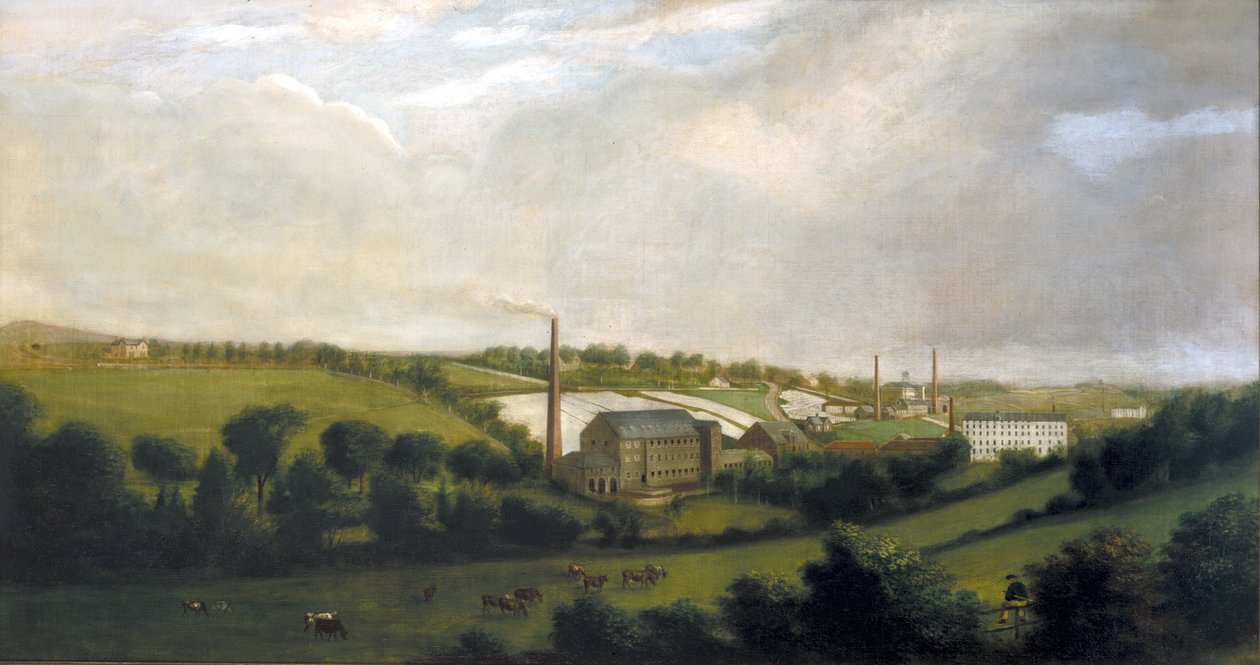 Linen Mill i Chapelizod, nær Lucan, Dublin, Irland, ca. 1840 av English School