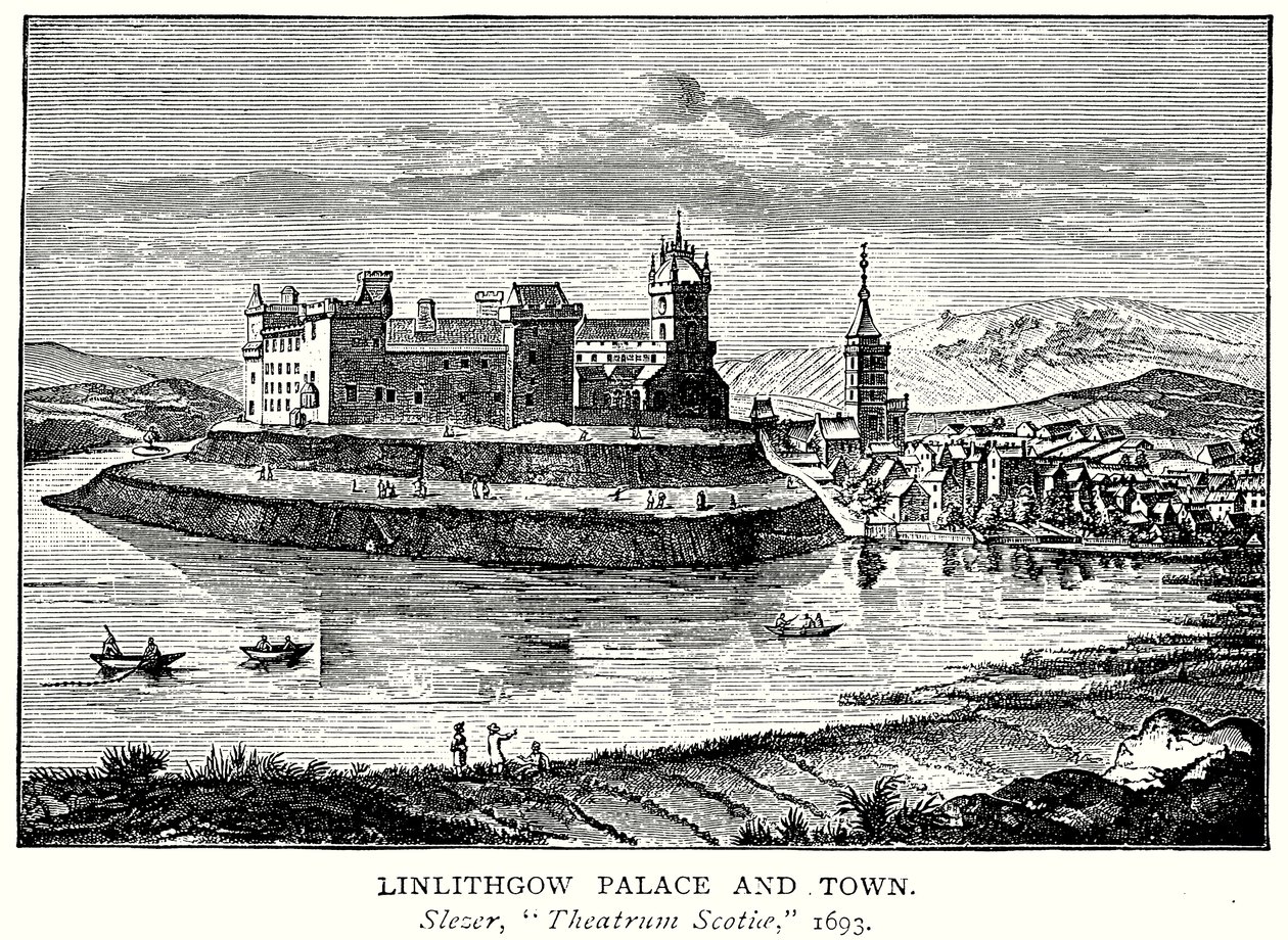 Linlithgow palass og by (gravering) av English School