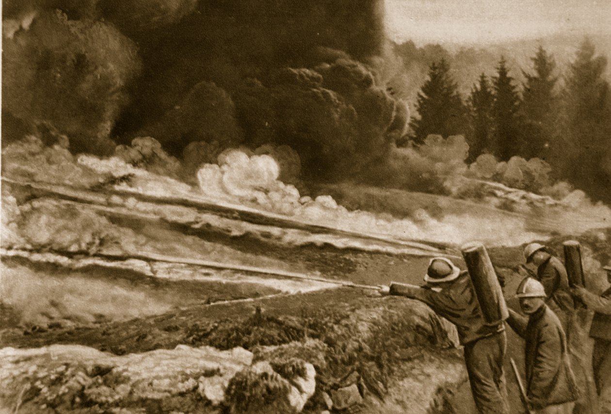 Flytende ild, først ansatt av tyskerne, vellykket adoptert av de allierte, 1914-19 av English School